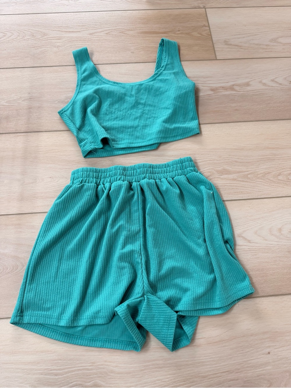 Women Ribbed Tank and Elastic Waist Shorts Set - Teal